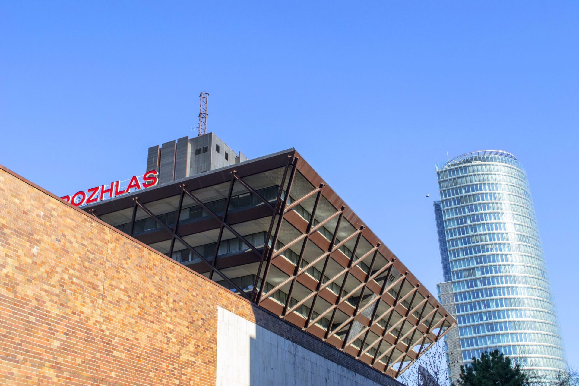 Inverted pyramid building of Slovak Radio in Bratislava architectural tour.