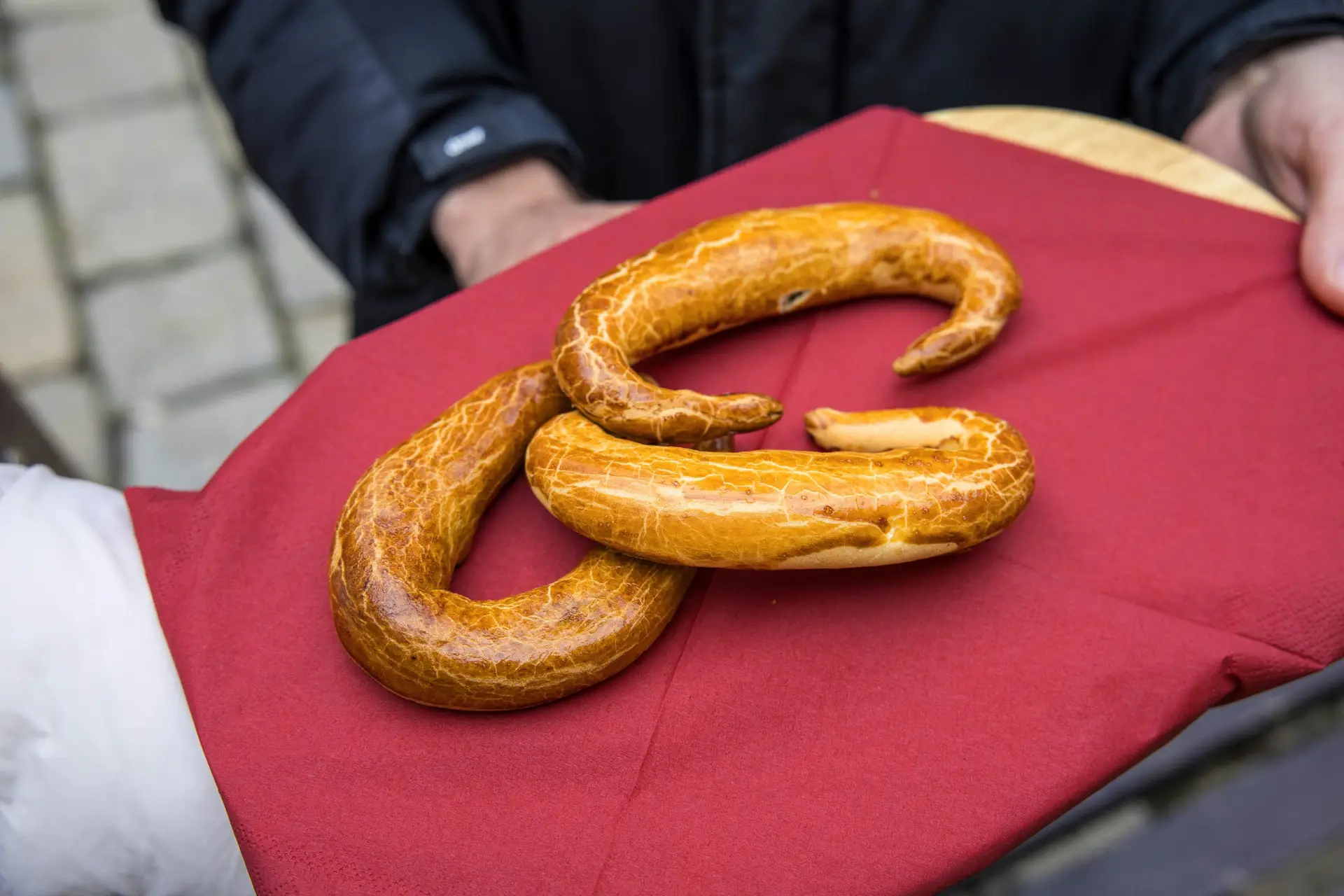 Traditional Bratislava crescent pastries dusted with powdered sugar, called Bratislava rolls a local Slovak bakery specialty.