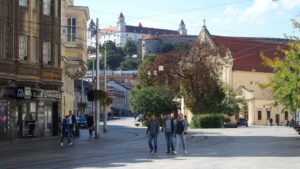 Bratislava Castle view from the old town streets for a travel guide blog.