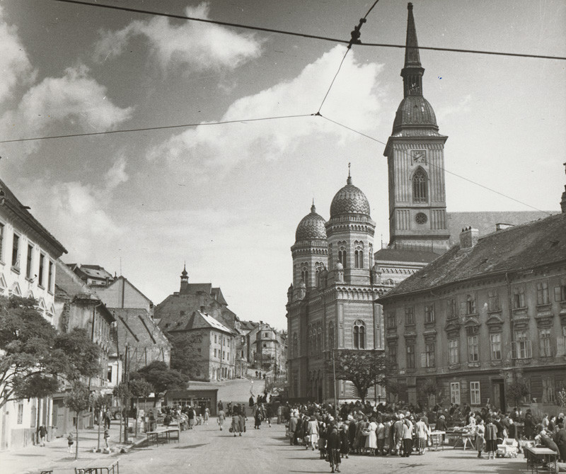 Historical black and white photo of Old Bratislava city center.
